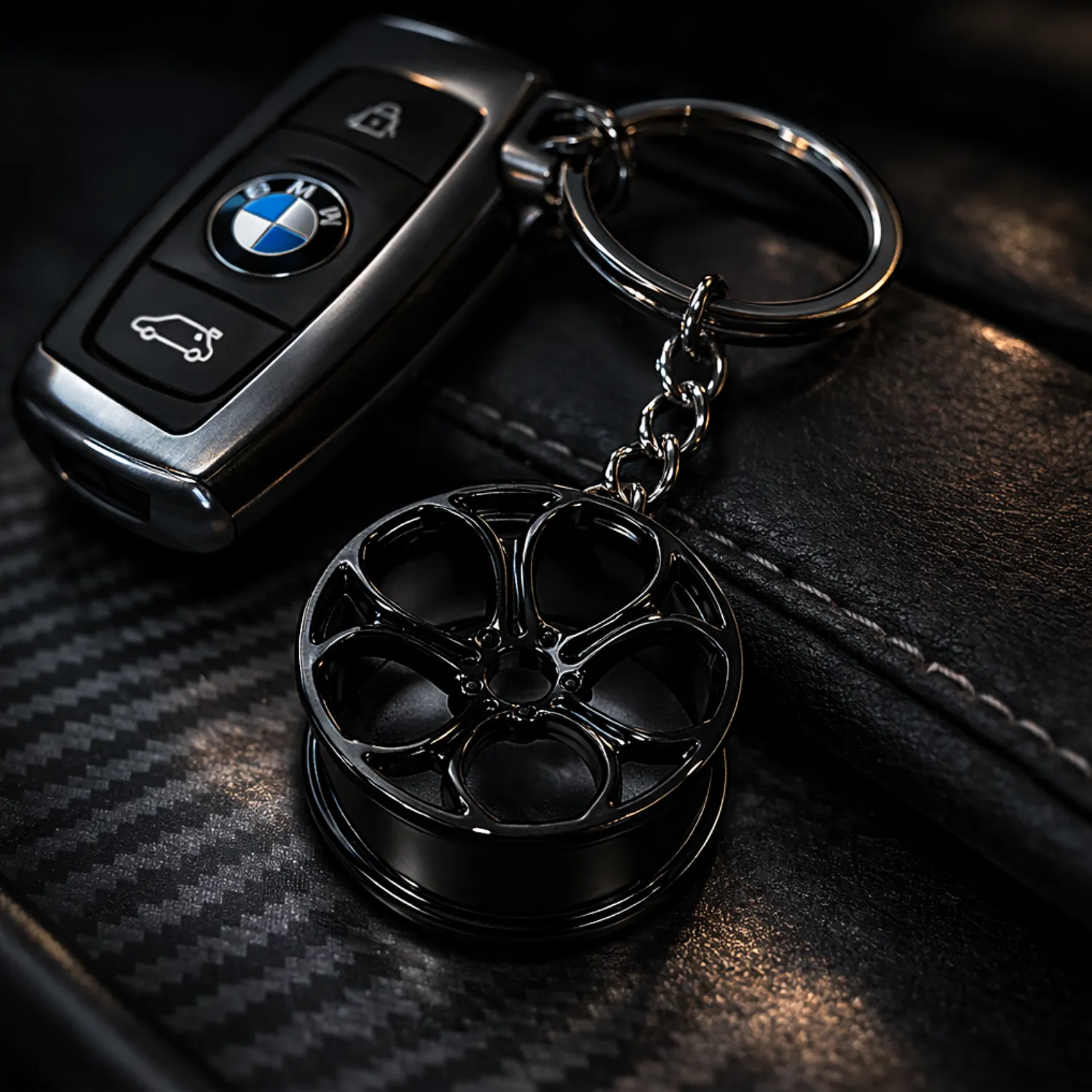 Kluczyk samochodowy BMW z brelokiem w kształcie czarnej felgi na czarnej skórzanej tapicerce