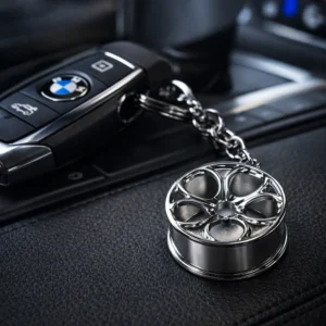 Kluczyk BMW z metalowym brelokiem w kształcie felgi na skórzanym wnętrzu samochodu